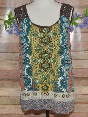 Bila Boho Mosaic Print Tank Top Size XXL Brown Crochet Straps Sequin Hippie